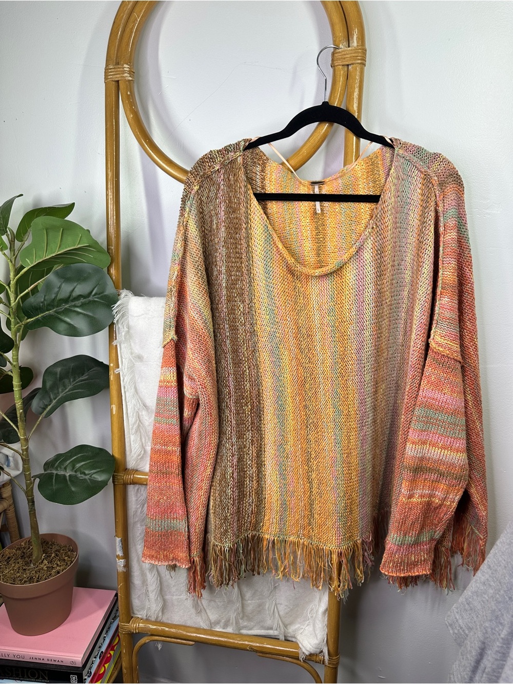 Free People Radiate Striped Pullover Fringe Colorful Sweater sz L - Picture 3 of 9